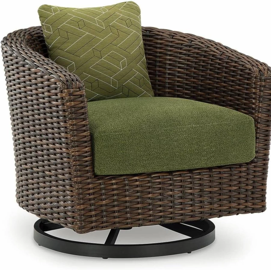 Signature Design by Ashley Horizon Hall Outdoor Swivel Lounge Chair with Cushion & Throw Pillow - Weather & UV Resistant, Green & Dark Brown