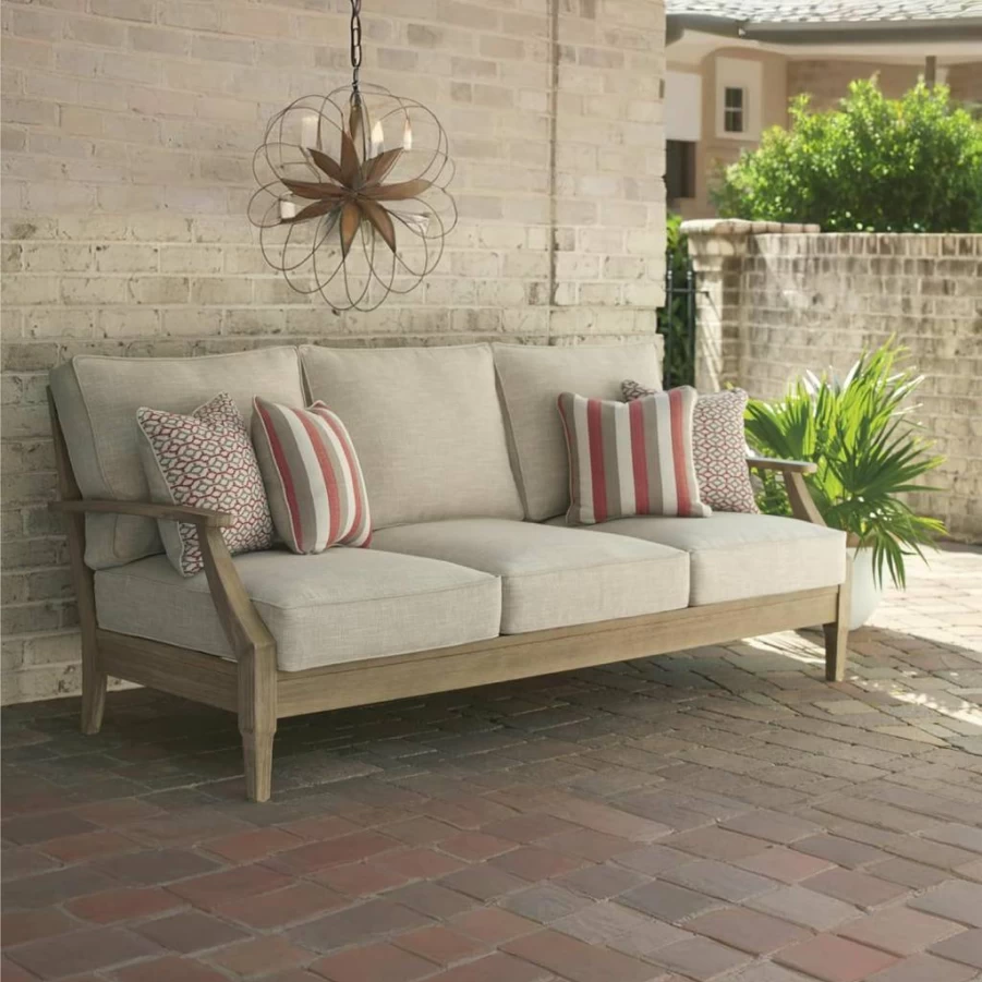Signature Design by Ashley Clareview Coastal Outdoor Sofa - Eucalyptus Frame with Beige Cushions, Weather-Resistant Patio Furniture