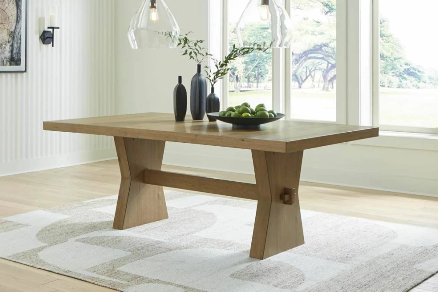 Signature Design by Ashley Galliden Farmhouse Dining Table - Light Brown Trestle Base with Extra-Thick Tabletop