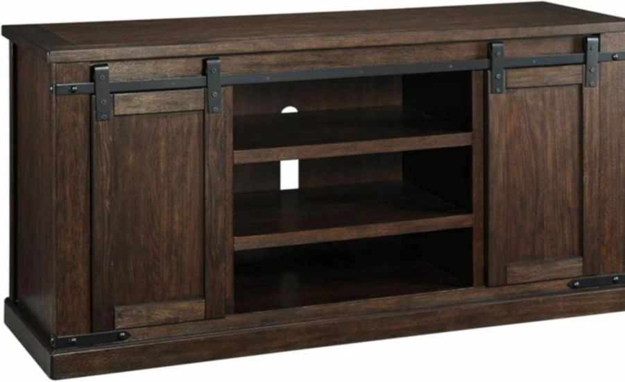 Signature Design by Ashley Budmore Farmhouse TV Stand for 58-Inch TVs with 2 Sliding Barn Doors & 6 Storage Shelves, Rustic Dark Brown Entertainment Center