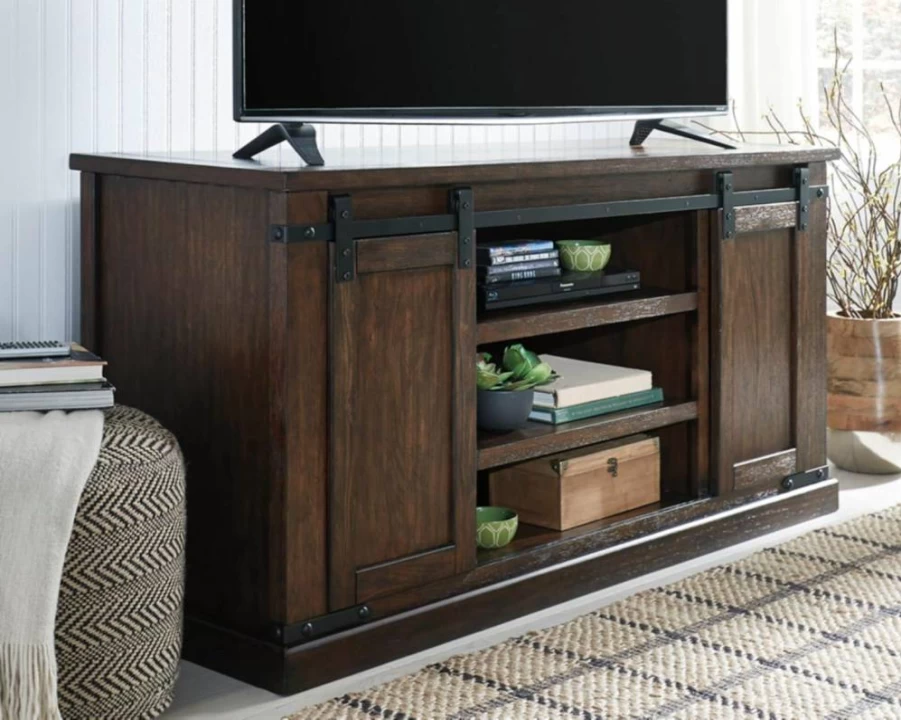 Signature Design by Ashley Budmore Farmhouse TV Stand for 58-Inch TVs with 2 Sliding Barn Doors & 6 Storage Shelves, Rustic Dark Brown Entertainment Center