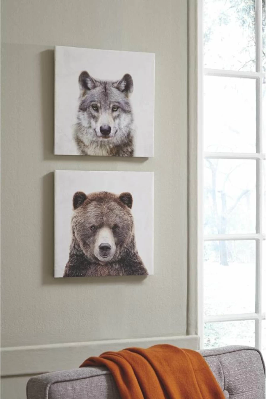 Signature Design by Ashley Albert 2-Piece Wolf and Bear Canvas Wall Art Set, 14x14 Inches, Gray and Brown Wildlife Decor for Home or Office