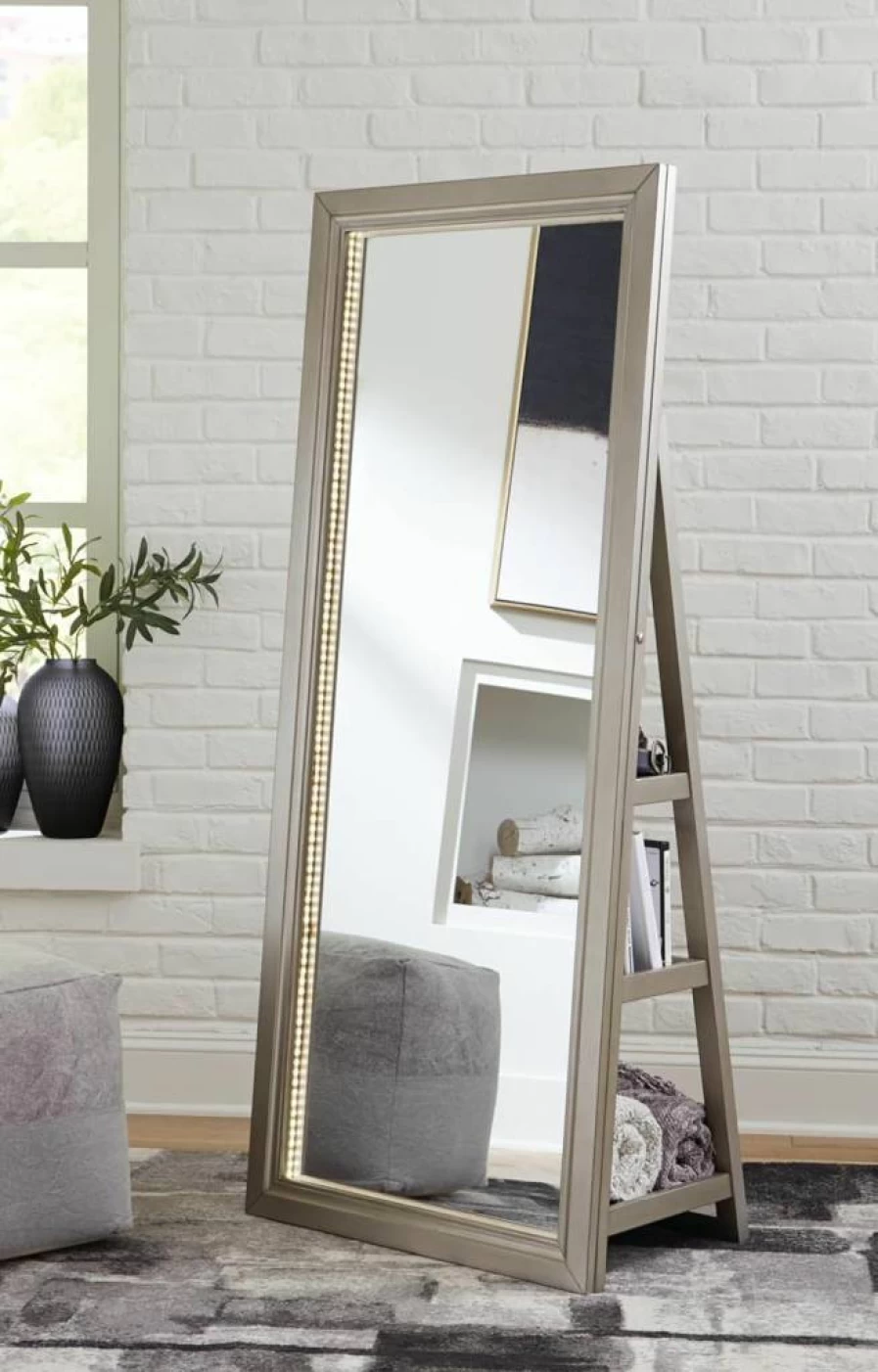 Signature Design by Ashley Evesen Full-Length Floor Mirror with LED Lights and Storage, Modern Metallic Finish