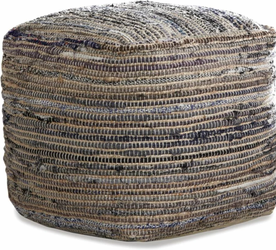 Signature Design by Ashley Absalom Hemp Pouf Ottoman - 16x16 Inch Multicolor Handwoven Decorative Accent Stool for Living Room