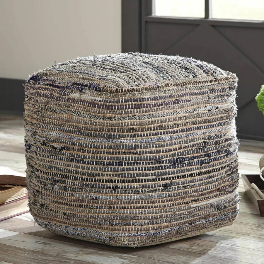Signature Design by Ashley Absalom Hemp Pouf Ottoman - 16x16 Inch Multicolor Handwoven Decorative Accent Stool for Living Room