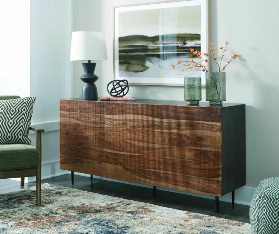 Signature Design by Ashley Darrey Modern 3-Door Accent Cabinet - Black & Dark Brown with 2 Adjustable Shelves & Cord Management