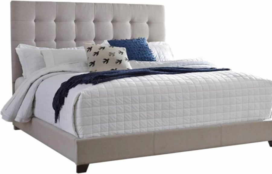 Signature Design by Ashley Dolante King Platform Bed - Modern Farmhouse Style with Button-Tufted Upholstered Headboard, Beige