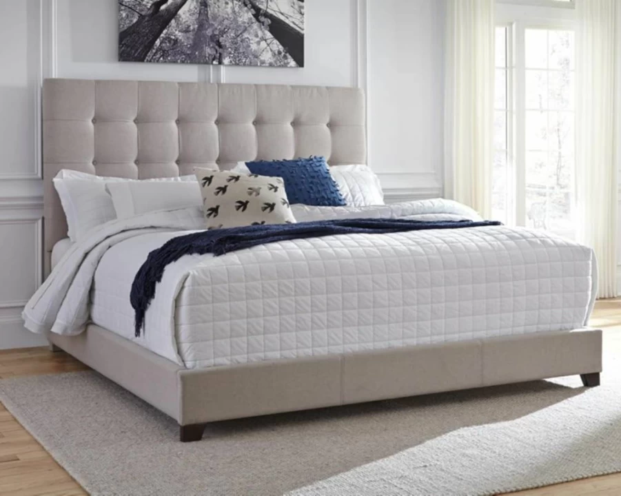 Signature Design by Ashley Dolante King Platform Bed - Modern Farmhouse Style with Button-Tufted Upholstered Headboard, Beige