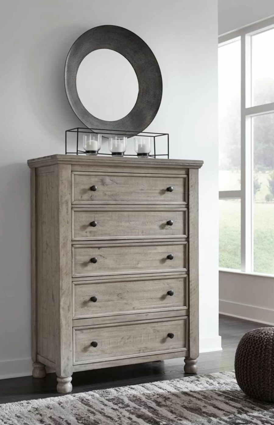 Signature Design by Ashley Harrastone 5-Drawer Chest with Felt-Lined Top Drawer, Light Gray Vintage Dresser for Bedroom Storage