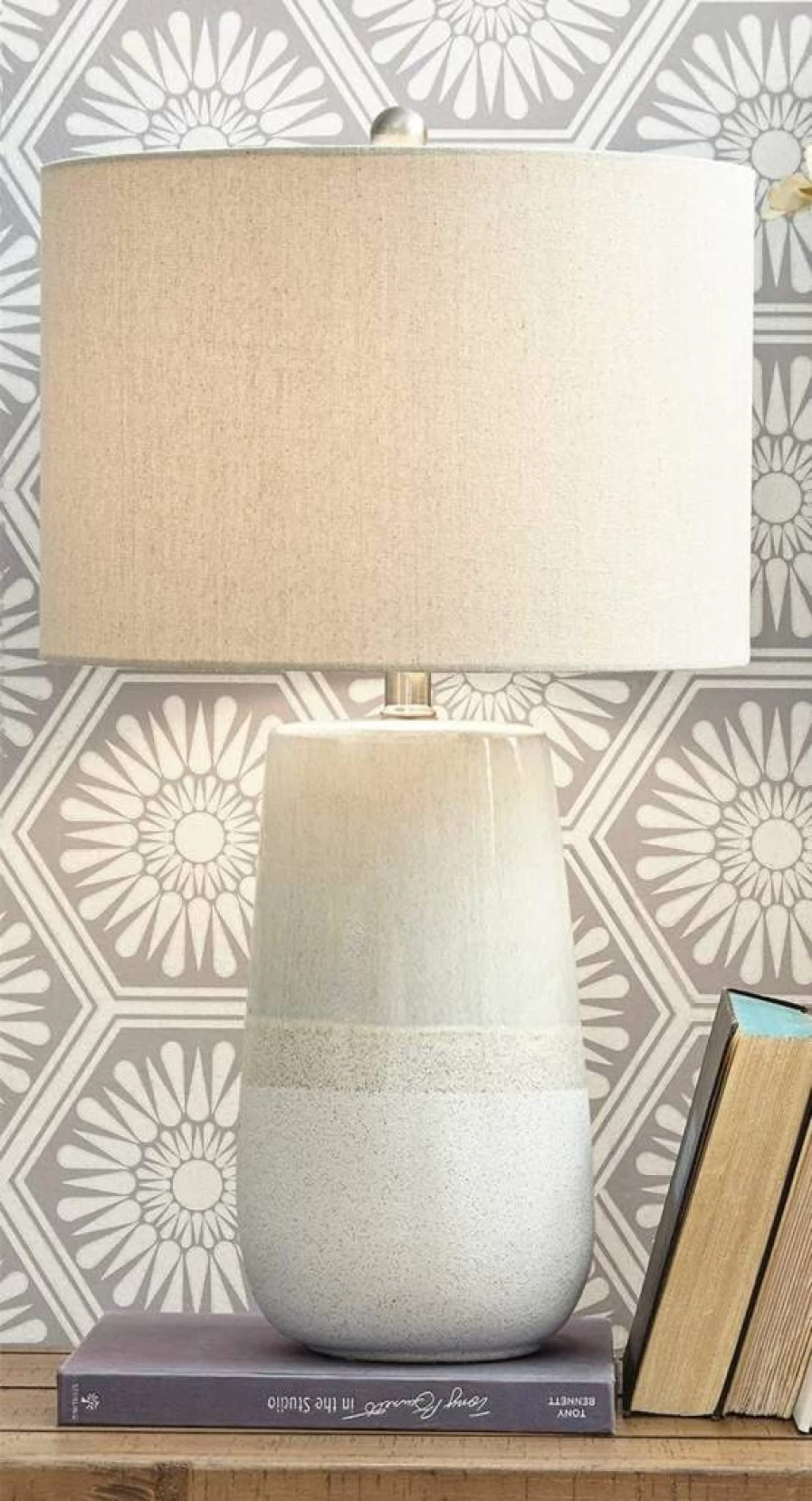 Signature Design by Ashley Shavon 27" Modern Neutral Glaze Table Lamp in Beige & White, Textured Contemporary Design