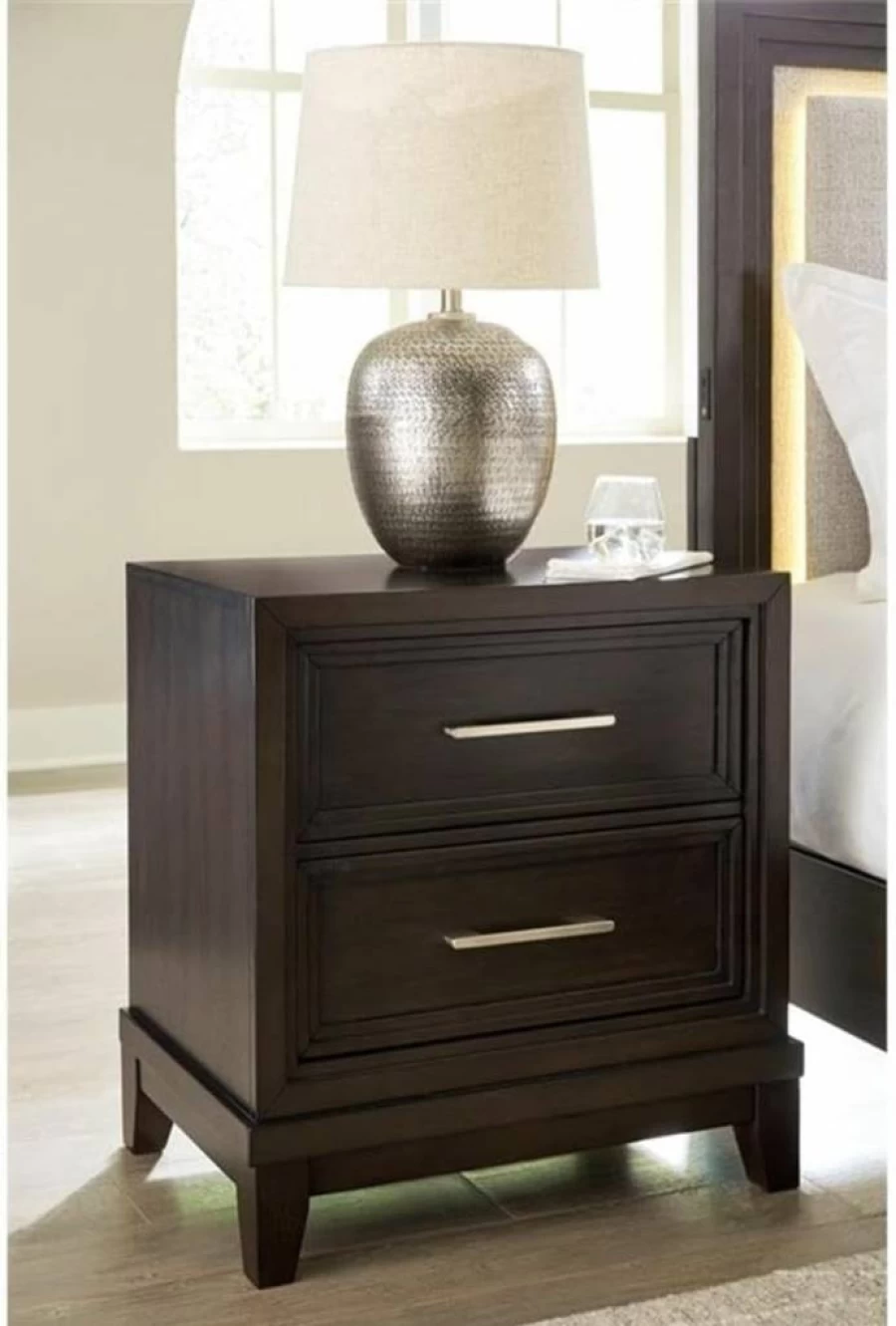 Signature Design by Ashley Neymorton Modern Nightstand - 2-Drawer Dark Brown Dresser with Felt-Lined Top Drawer, Contemporary Bedside Table
