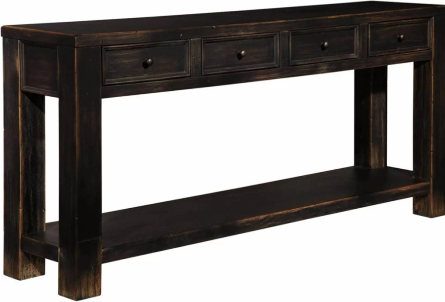 Signature Design by Ashley Gavelston Rustic Sofa Table - Weathered Black Finish with 4 Drawers & Lower Shelf, Entryway Console Table
