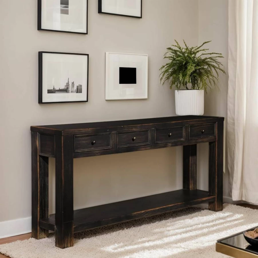 Signature Design by Ashley Gavelston Rustic Sofa Table - Weathered Black Finish with 4 Drawers & Lower Shelf, Entryway Console Table