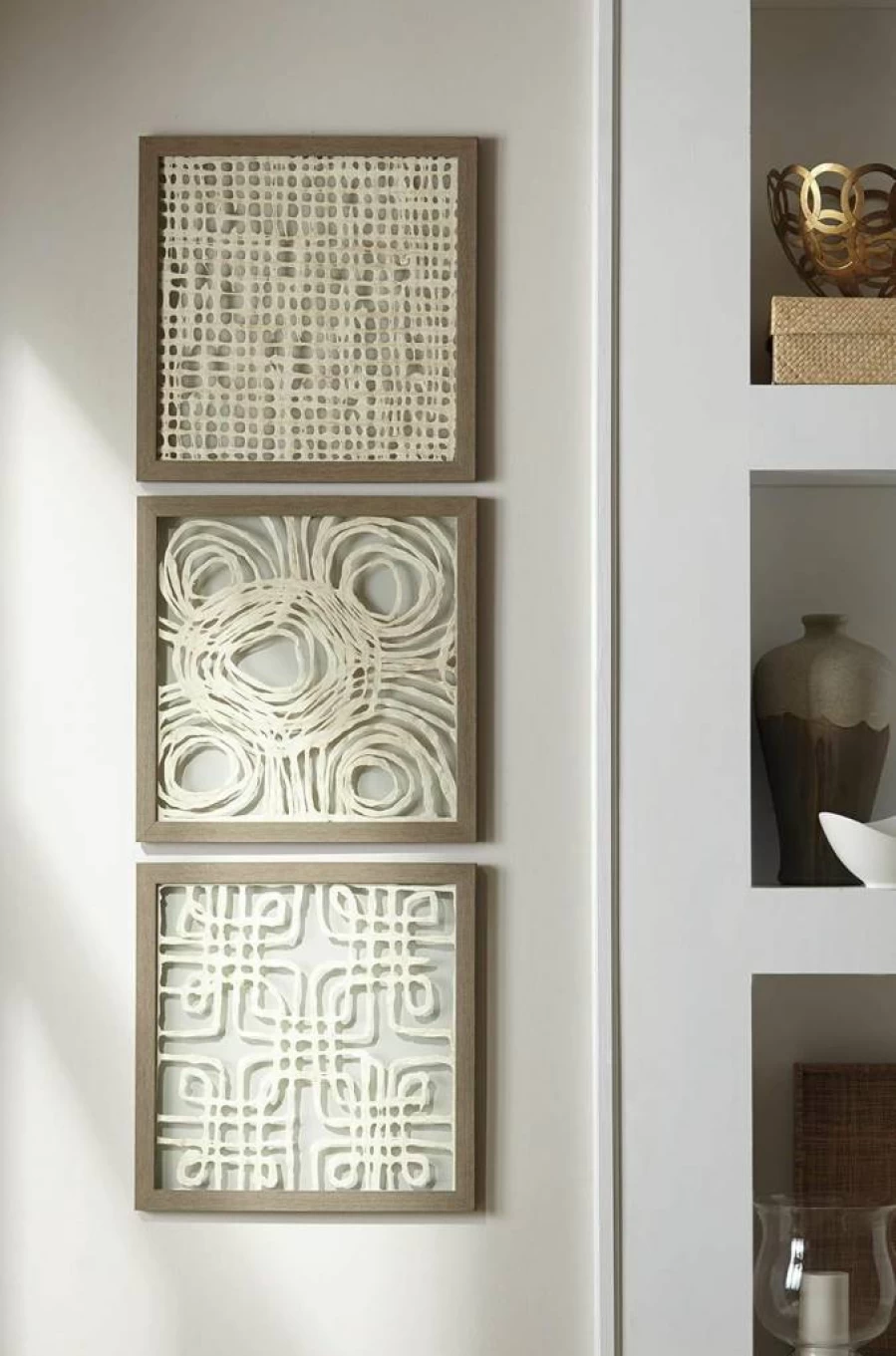 Signature Design by Ashley Odella 3-Piece Abstract Wood Framed Wall Art Set, 20x20 Inches, Cream Taupe Modern Home Decor