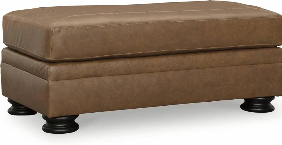 Signature Design by Ashley Carianna Brown Leather Ottoman with Decorative Turned Legs - Firm Cushioned Traditional Rectangular Footrest