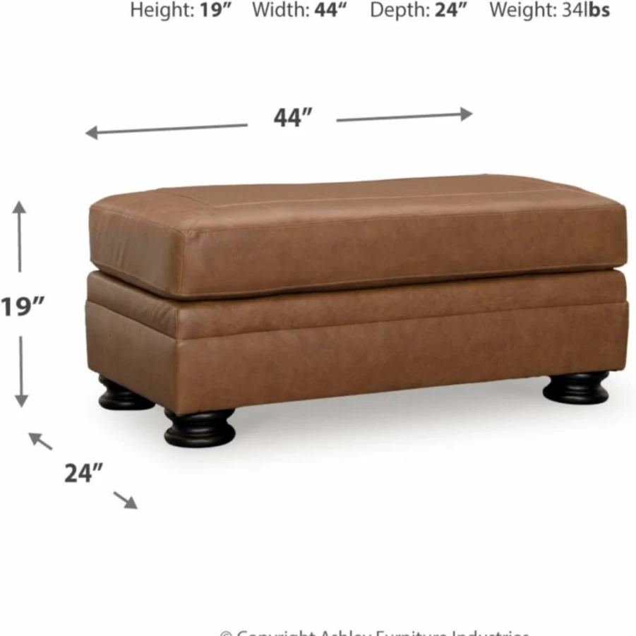 Signature Design by Ashley Carianna Brown Leather Ottoman with Decorative Turned Legs - Firm Cushioned Traditional Rectangular Footrest