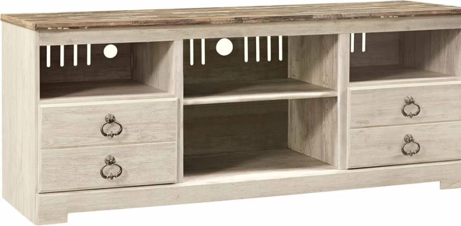 Signature Design by Ashley Willowton Farmhouse TV Stand with Fireplace, 2 Drawers & Storage Cubbies, Whitewash Finish, Fits 62" TVs