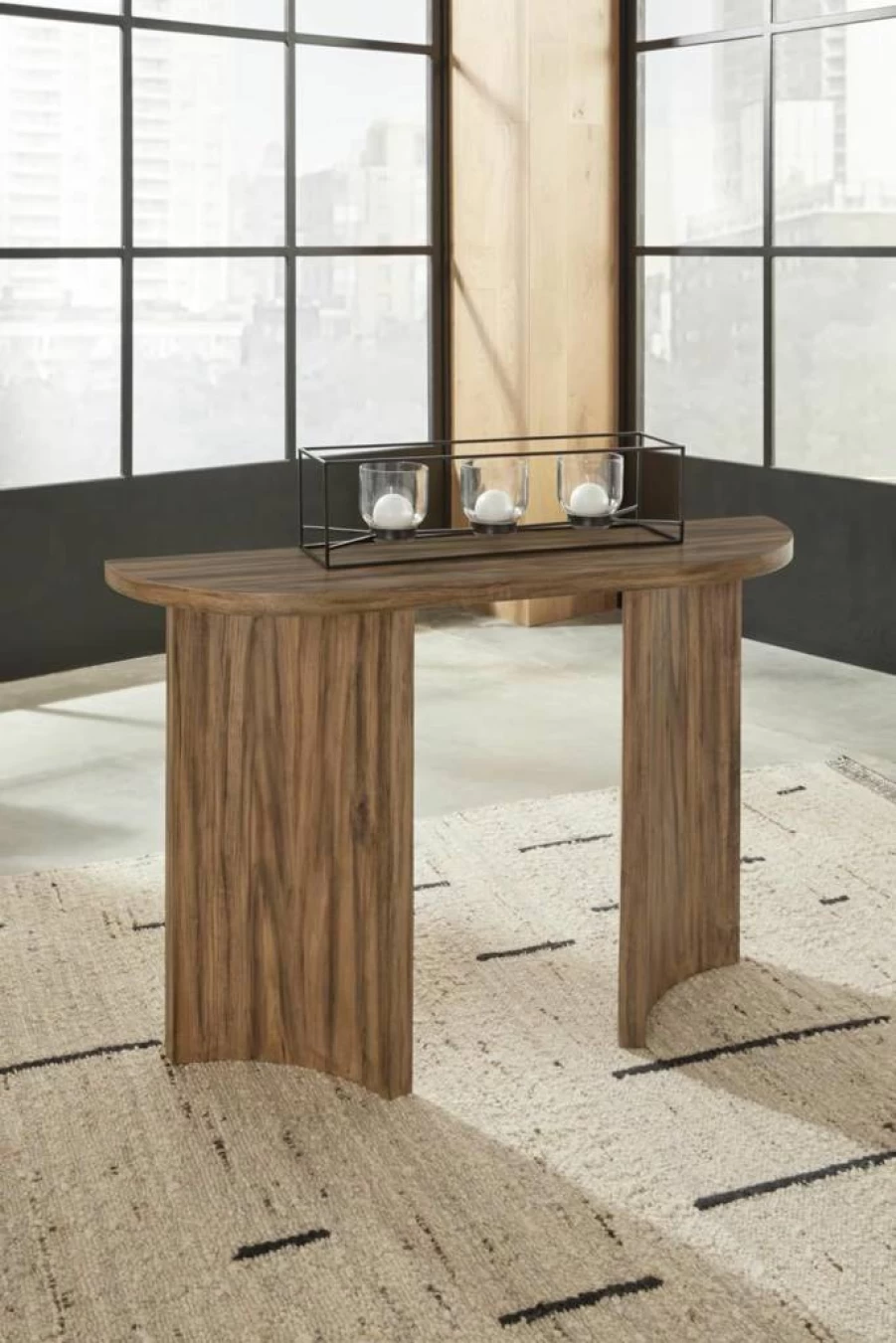 Signature Design by Ashley Austanny Light Brown Sofa Table with Curved Plinth Base - Rustic End Table for Living Room