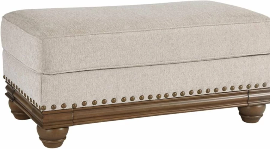 Signature Design by Ashley Harleson Modern Farmhouse Ottoman with Nailhead Trim, Beige Upholstered Storage Bench, Rustic Living Room Footrest