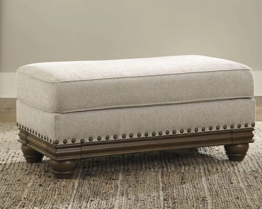 Signature Design by Ashley Harleson Modern Farmhouse Ottoman with Nailhead Trim, Beige Upholstered Storage Bench, Rustic Living Room Footrest
