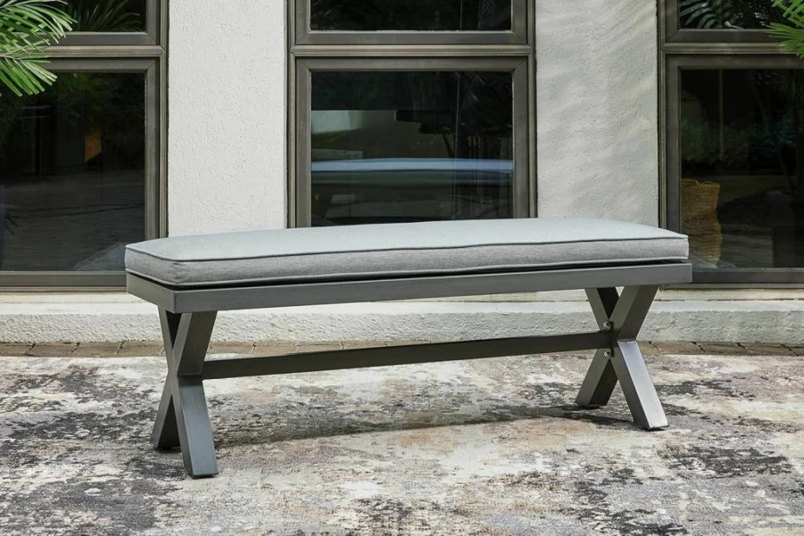 Signature Design by Ashley Elite Park Gray Outdoor Aluminum Bench with Cushion - Casual Patio Seating