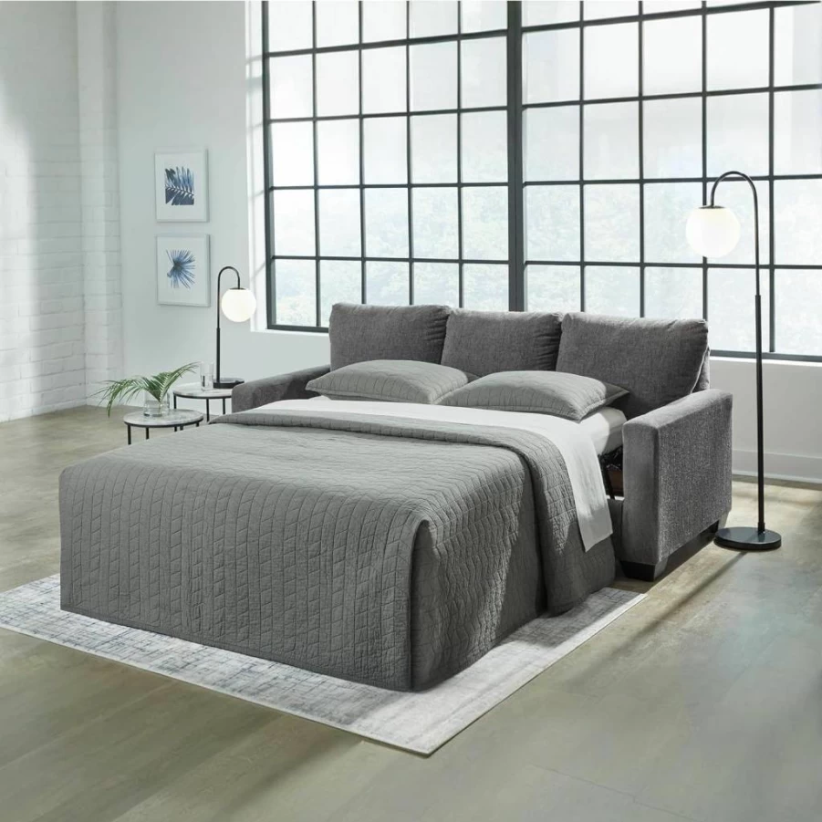 Signature Design by Ashley Rannis 2-in-1 Queen Sleeper Sofa with Gel Memory Foam Mattress in Gray | Casual Convertible Sofa Bed