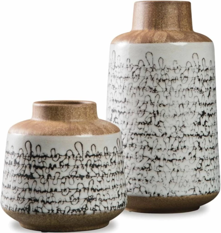 Signature Design by Ashley Megan 2-Piece Light Brown & Black Ceramic and Wood Decorative Vase Set for Home Decor