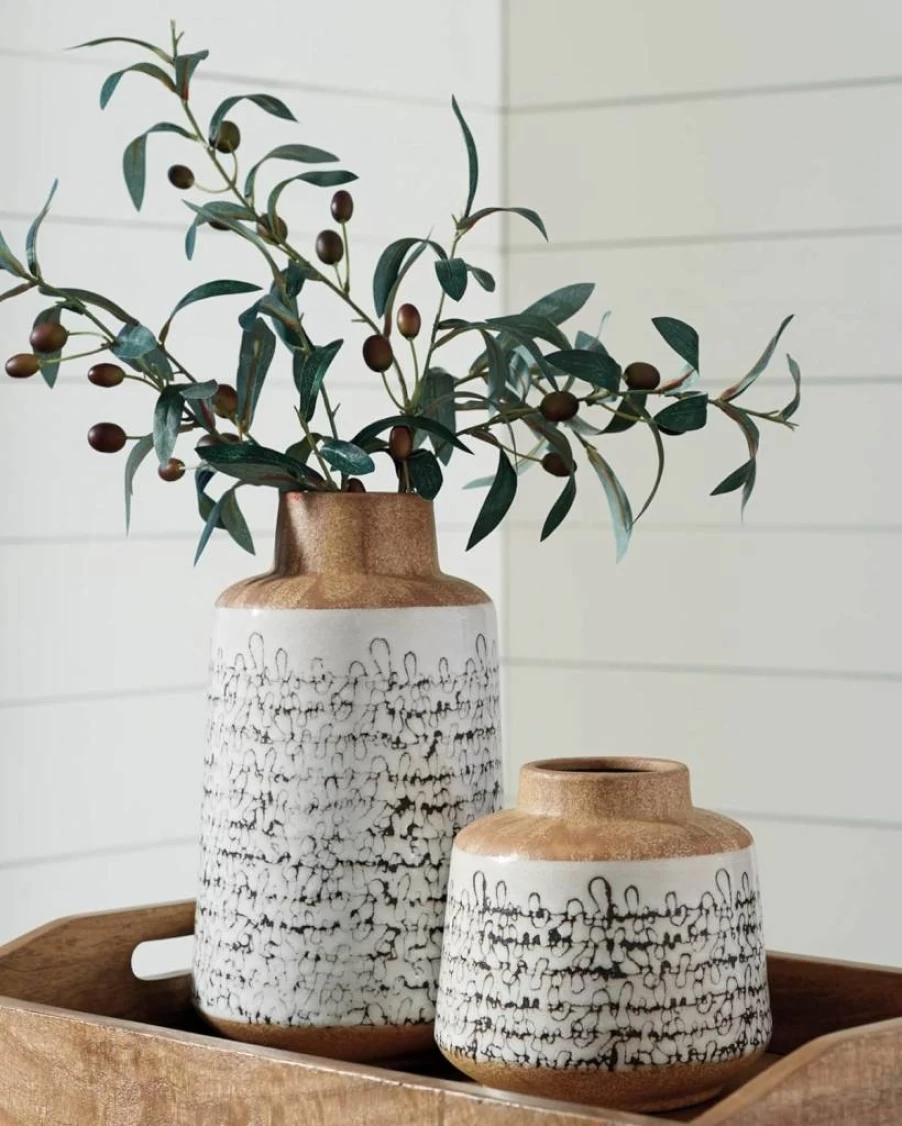 Signature Design by Ashley Megan 2-Piece Light Brown & Black Ceramic and Wood Decorative Vase Set for Home Decor