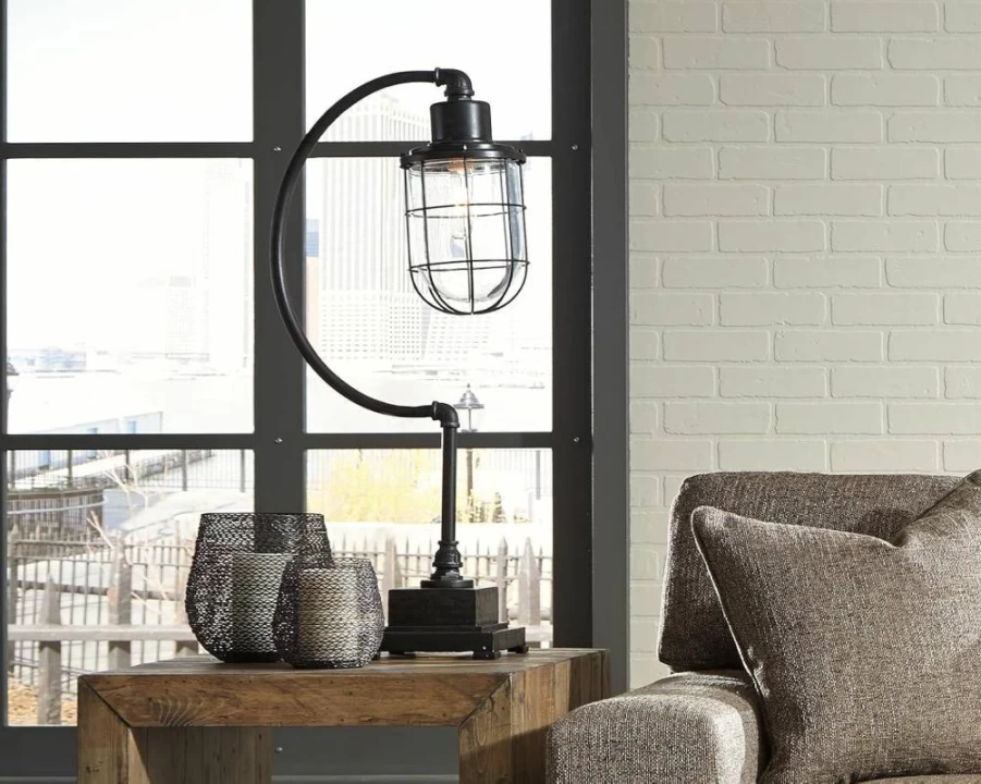 Signature Design by Ashley Jae 33-Inch Industrial Black Metal Desk Lamp with Antique Finish and Glass Shade