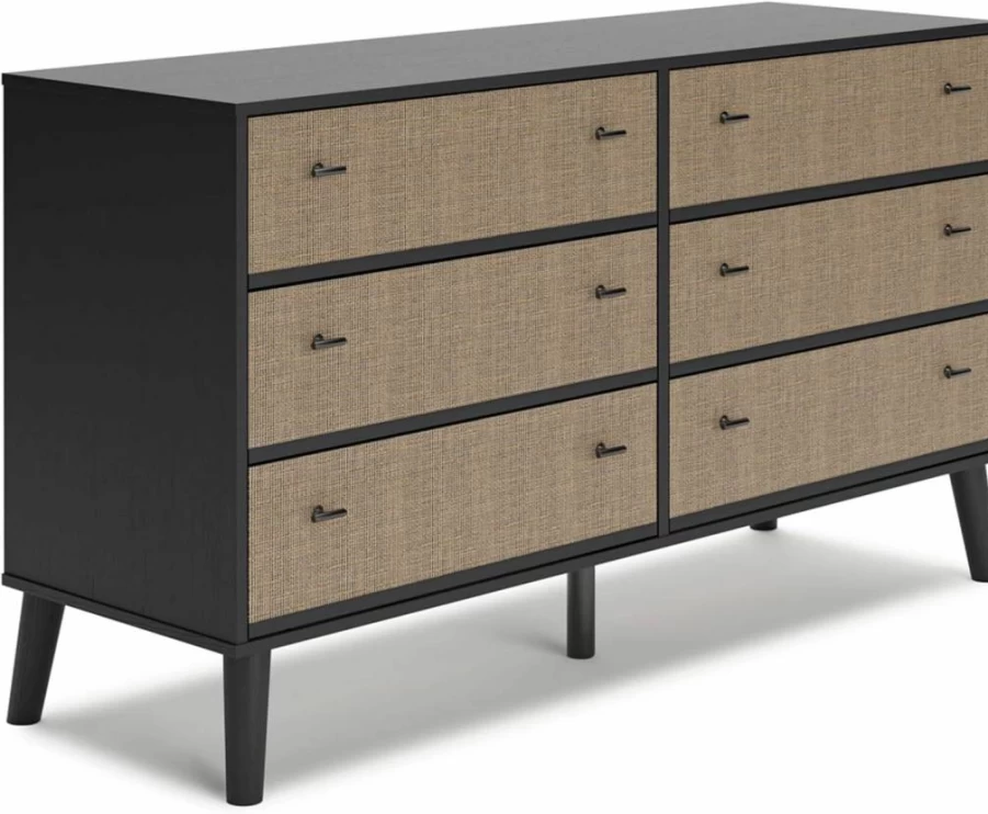 Signature Design by Ashley Piperton 6-Drawer Dresser in Black & Light Brown - Solid Wood Chest of Drawers for Bedroom Storage