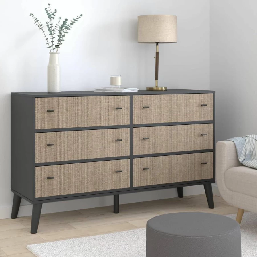 Signature Design by Ashley Piperton 6-Drawer Dresser in Black & Light Brown - Solid Wood Chest of Drawers for Bedroom Storage