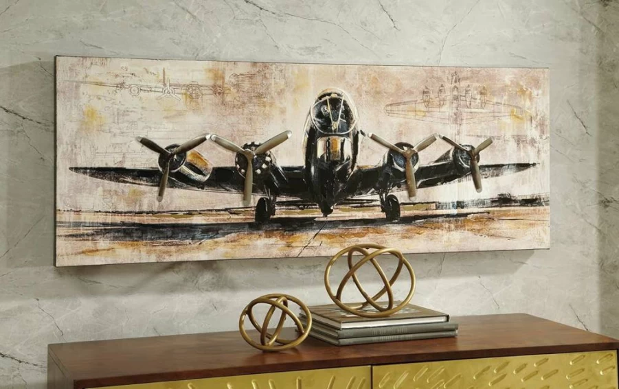 Signature Design by Ashley Kalene Vintage Hand-Painted Airplane Canvas Art - 48"x18" Brown & Black Wall Decor