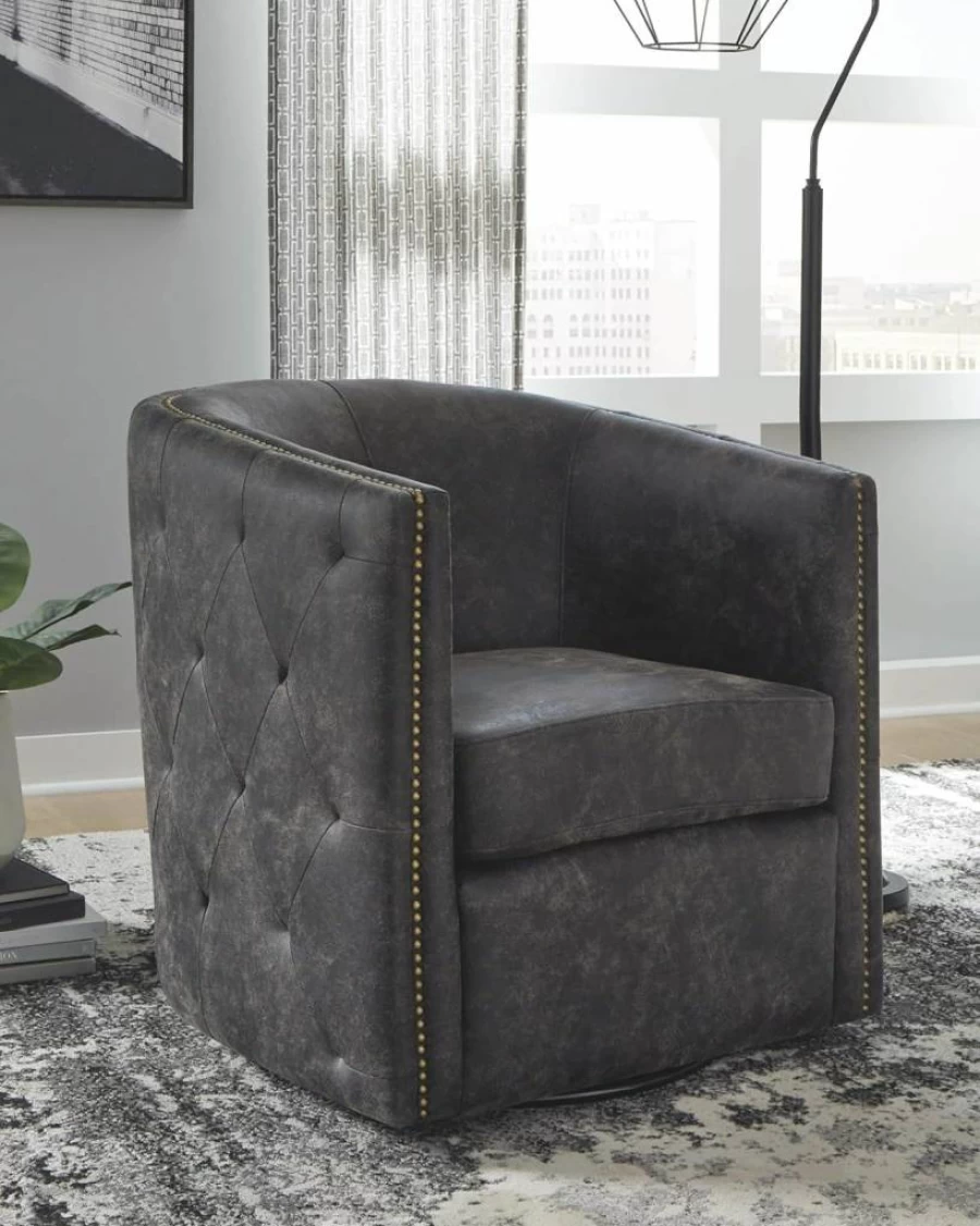 Signature Design by Ashley Brentlow Distressed Black Tufted Swivel Barrel Accent Chair