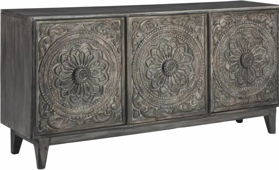 Signature Design by Ashley Fair Ridge Boho Hand-Carved Wood TV Stand & Accent Cabinet - Dark Gray Distressed Finish