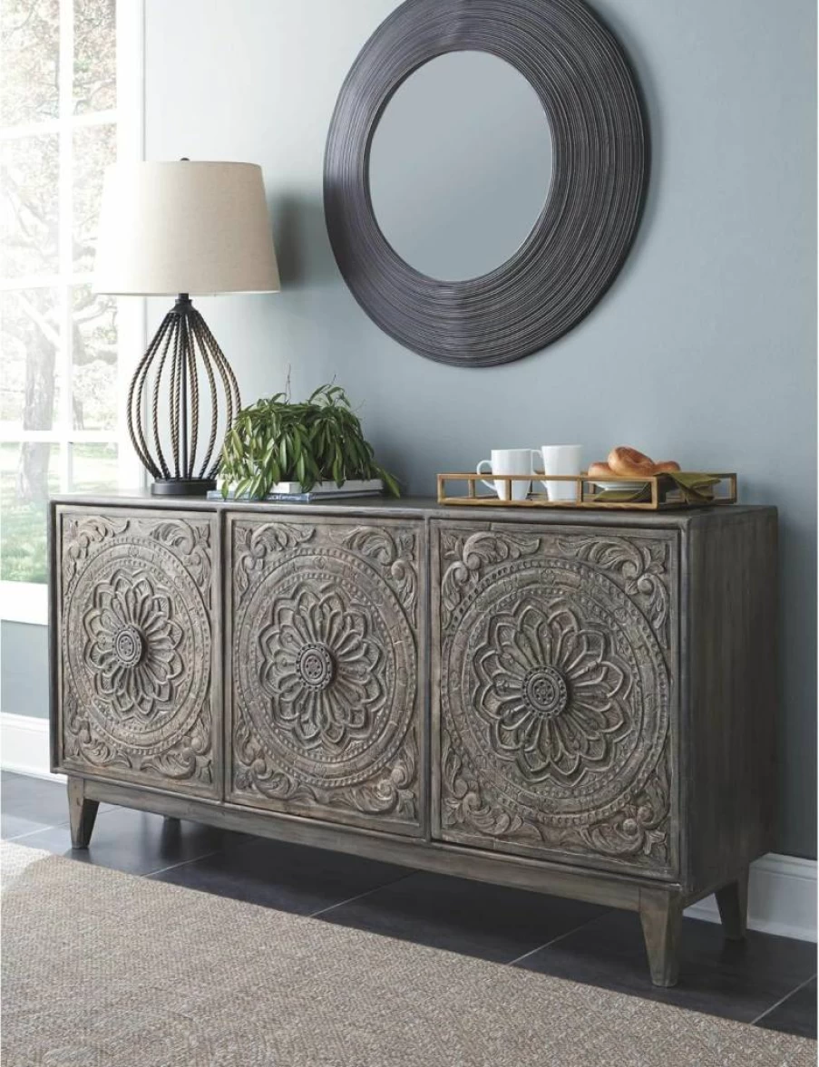 Signature Design by Ashley Fair Ridge Boho Hand-Carved Wood TV Stand & Accent Cabinet - Dark Gray Distressed Finish
