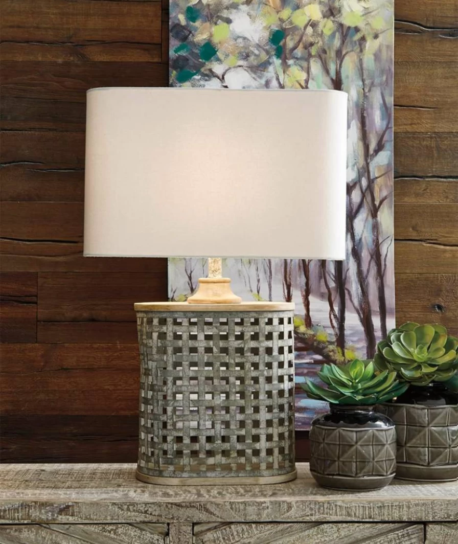 Signature Design by Ashley Deondra 29-Inch Round Contemporary Metal Table Lamp in Gray - Galvanized Single Light Fixture