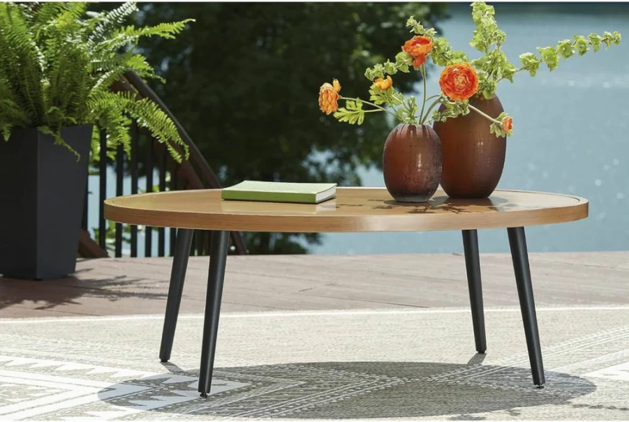 Signature Design by Ashley Horizon Hall Light Brown & Black Outdoor Coffee Table with 4 Legs - Casual Patio Furniture