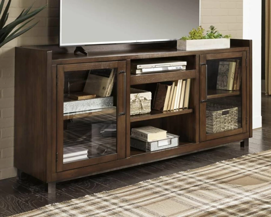 Signature Design by Ashley Starmore Urban TV Stand for 68-Inch TVs with 2 Glass Cabinets & Adjustable Shelves, Brown Storage Console
