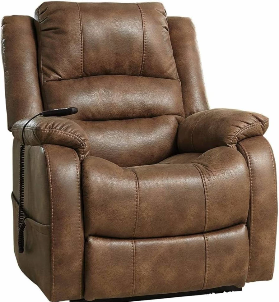 Signature Design by Ashley Yandel Power Lift Recliner Chair - Electric Faux Leather Brown Recliner for Elderly & Seniors