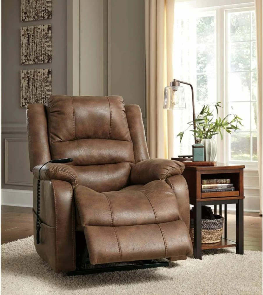 Signature Design by Ashley Yandel Power Lift Recliner Chair - Electric Faux Leather Brown Recliner for Elderly & Seniors