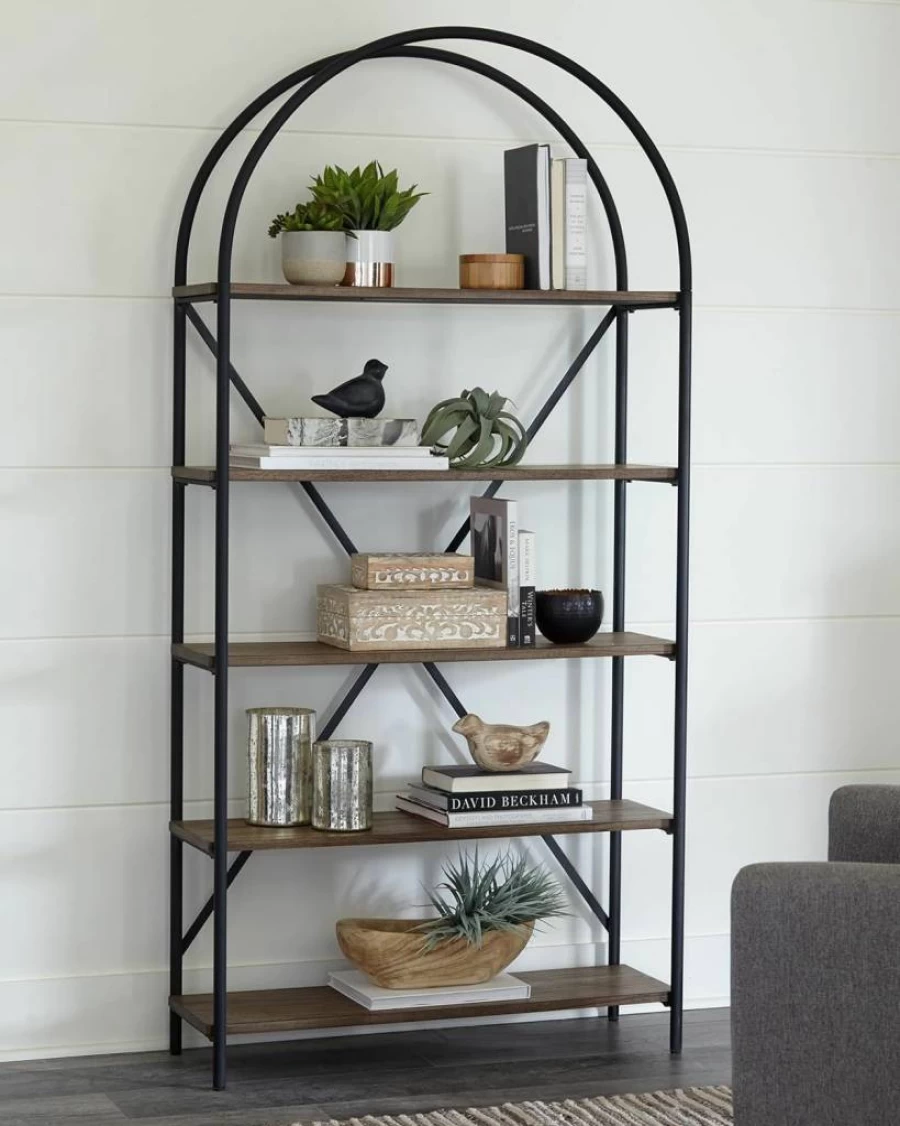 Signature Design by Ashley Galtbury Modern 5-Shelf Bookcase in Brown & Black - Mixed Media Storage Solution