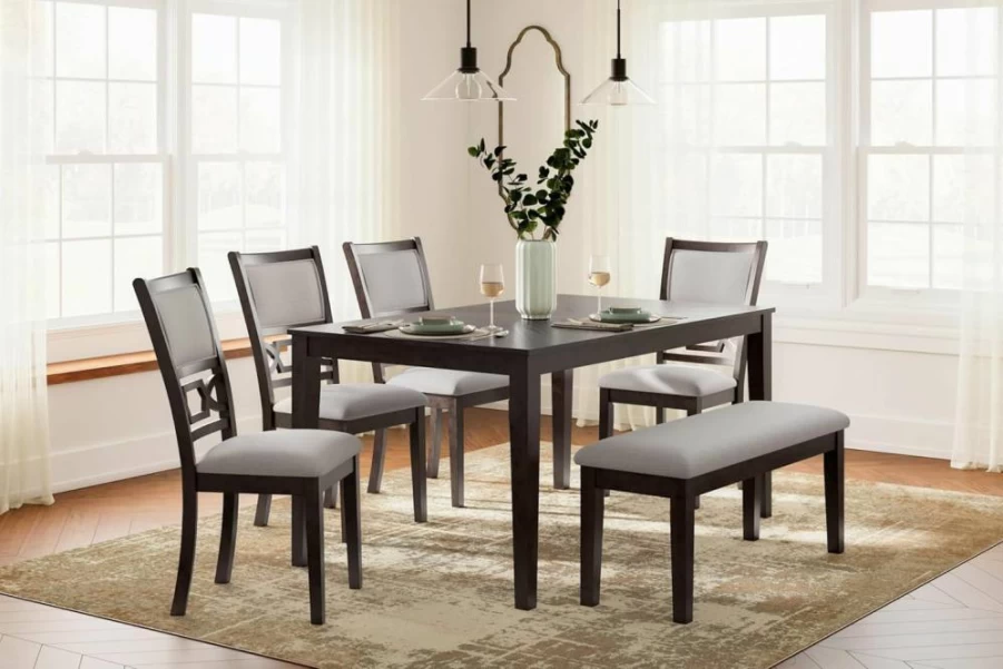 Signature Design by Ashley Wrenning Modern Dining Set with 4 Upholstered Chairs, Bench & Diamond-Patterned Table, 6-Piece, Gray/Light Gray