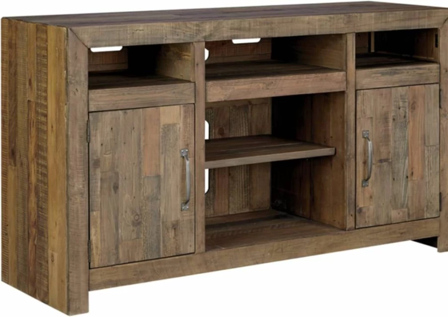 Signature Design by Ashley Sommerford Rustic Brown Solid Pine Wood TV Stand for 60-Inch TVs with 2 Cabinets, 3 Cubbies & 2 Adjustable Shelves