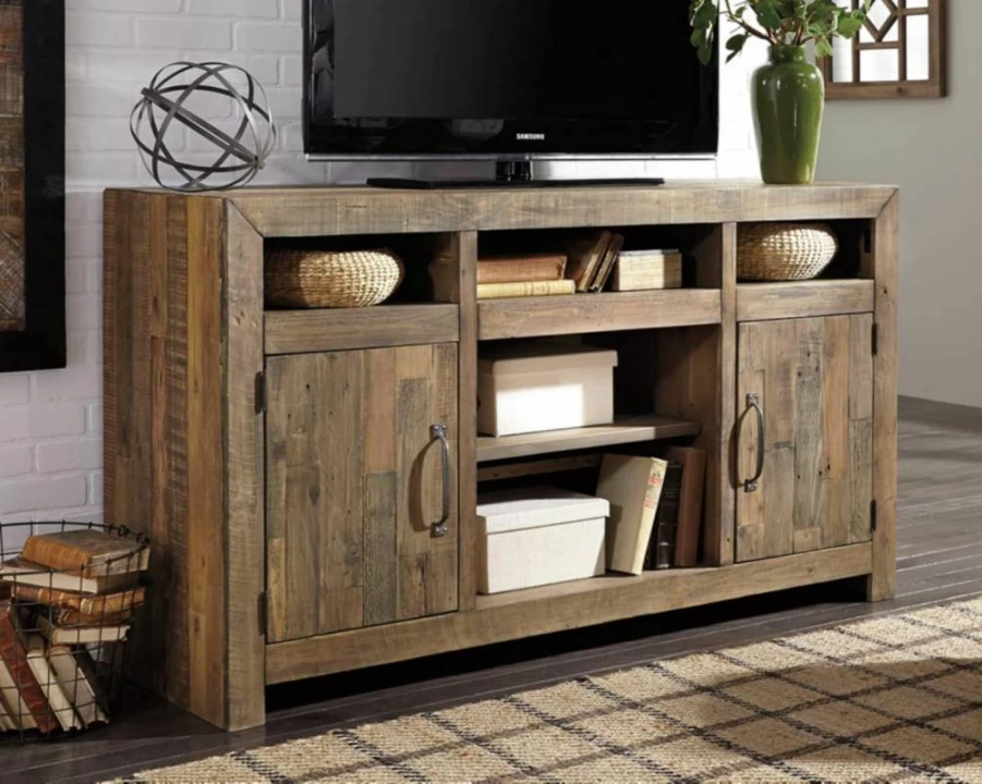 Signature Design by Ashley Sommerford Rustic Brown Solid Pine Wood TV Stand for 60-Inch TVs with 2 Cabinets, 3 Cubbies & 2 Adjustable Shelves