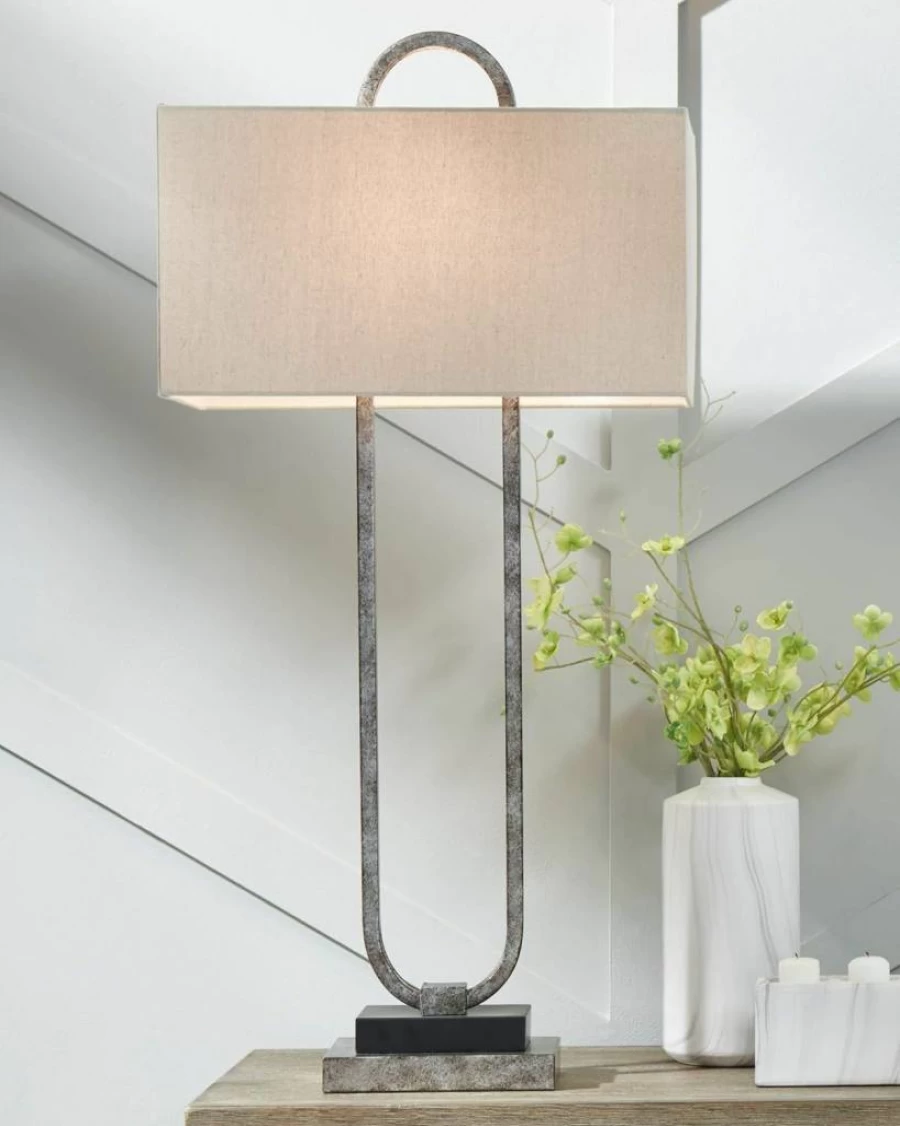 Signature Design by Ashley Malana 33" Modern Metal Table Lamp with Marble Base in Black & Brass - Contemporary Lighting