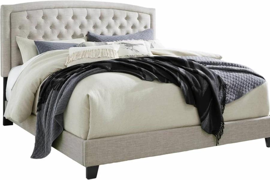 Signature Design by Ashley Jerary King Size Platform Bed with Button-Tufted Upholstery in Light Gray Farmhouse Style