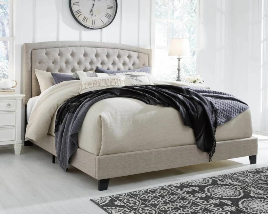 Signature Design by Ashley Jerary King Size Platform Bed with Button-Tufted Upholstery in Light Gray Farmhouse Style