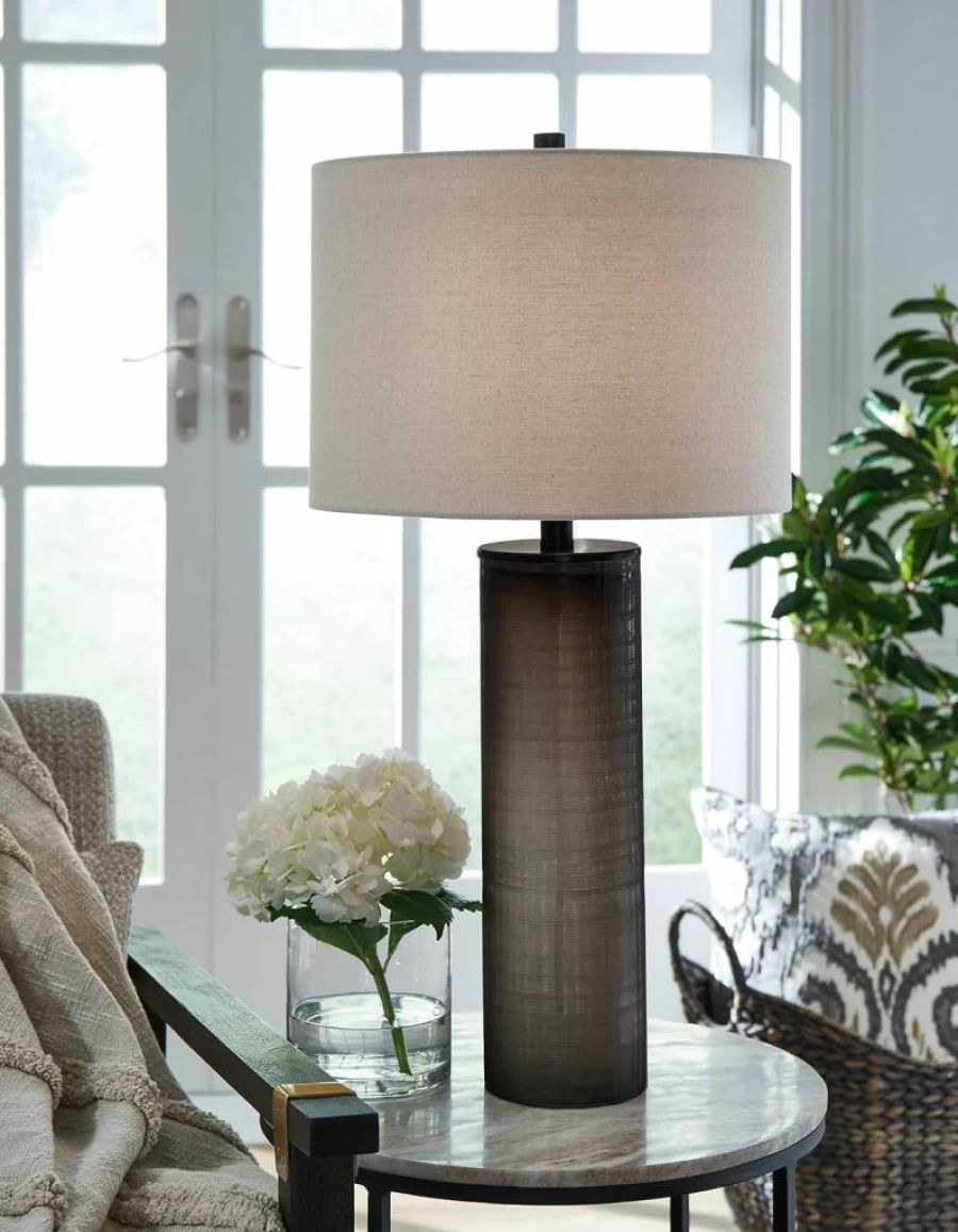 Signature Design by Ashley Dingerly 28-Inch Modern Glass Table Lamp in Brown & Beige - Contemporary Lighting for Home & Office
