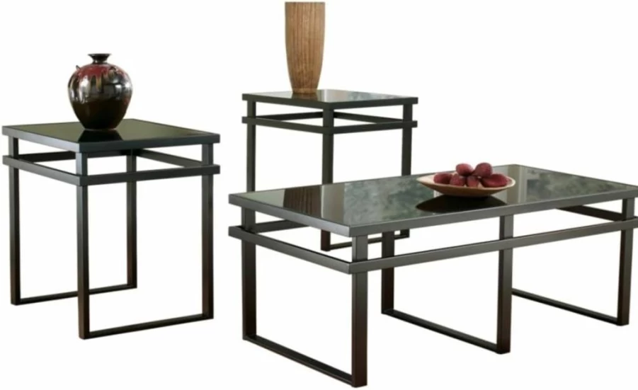 Signature Design by Ashley Laney Modern 3-Piece Living Room Set - Black Glass Coffee Table & 2 End Tables, Contemporary Furniture Collection