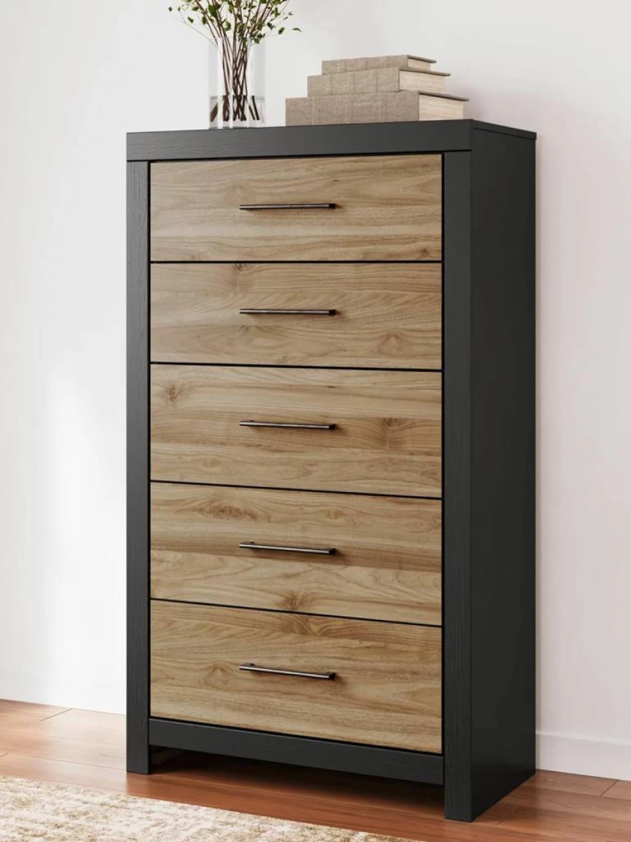 Signature Design by Ashley Charbitt 5-Drawer Wide Chest - White & Light Brown Dresser with Safety Stop for Bedroom